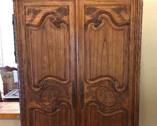 Heckmann Computer Workcenter, One Piece, Height Seven Feet Four Inches, Sides Height Six Feet Ten Inches, Width Four Feet, Depth Twenty-One and Five Inches, Pull Out Keyboard & Printer Shelf, Two Pocket Doors, One File Drawer, Adjustable Shelves, One Wrist Rest, Electrical Receptacle