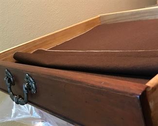 Heckman Dining Table with Two Silver Drawers, Two Extensions (each measures 20" wide), Two Arm/Captain's Chairs, and Six Side Chairs.  Width of the Table is Four Feet, Length of Table without Extensions Six Feet Five Inches, Length of Table with Leaves/Extensions is Ten Feet