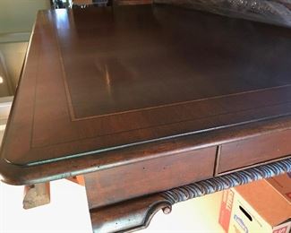 Heckman Dining Table with Two Silver Drawers, Two Extensions (each measures 20" wide), Two Arm/Captain's Chairs, and Six Side Chairs.  Width of the Table is Four Feet, Length of Table without Extensions Six Feet Five Inches, Length of Table with Leaves/Extensions is Ten Feet
