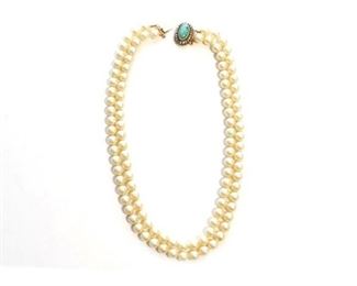 Gold Metal and Double Strand Costume Pearl Necklace