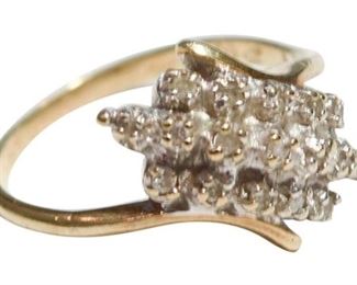 Ladies 10 K Yellow Gold Waterfall Style Diamond Cluster Ring