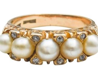 Ladies 18 K Yellow Gold Cultured Pearl and Diamond Ring