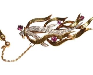 Ladies 18 K Yellow Gold Ruby and Diamond Brooch