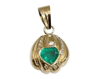 Ladies 18 Karat Yellow Gold Emerald and Diamond Pendant