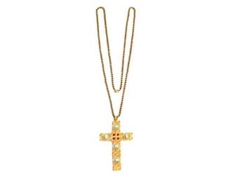 Large14 K Yellow Gold Cross Pendant and Chain