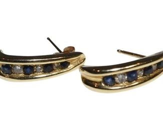 Pair Diamond and Sapphire Earrings with 14K Yellow Gold Setting