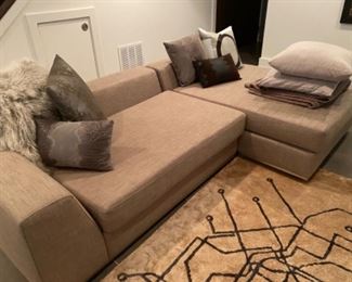 Beige Sofa with Throw Pillows and Medium Beige/Black Design Area Rug