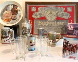 Vintage Budweiser Mirror,  Vintage Falstaff Lighter and Glass set and Anheuser Busch Collectibles 