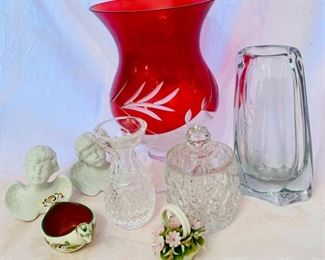 Ruby Etched Glass, Waterford Vase, Lead Crystal Jam Bowl. capodimonte basket, orlik Germany angels, porsgrund ornate Norway dish 