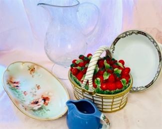 Vintage Hall Rose Parade Creamer, Vintage Hand-painted  Celery Dish marked Florentine Italy, Italian Strawberry topped basket 2 pc, etched glass pedestal  Pitcher,  Vintage Czech Bowl 