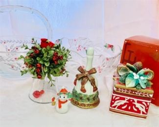 Fitz and Floyd Trinket Box, Holiday Bell, Handblown etched Basket and Holiday Bowl 