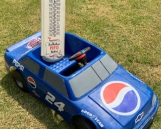 Vintage Pepsi Thermometer and child’s Toy Car sponsored by Pepsi .Battery powered with gas and break pedals .