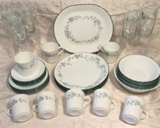 Vintage Correlle Ivy Pattern service for 8 with 5 glasses 