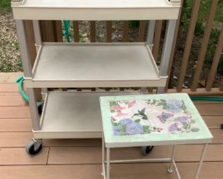 Rubbermaid Rolling Cart and decorative accent table 