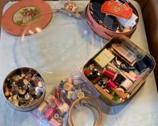 Pyrex Watch Glass and Vintage Sewing Items and Tins