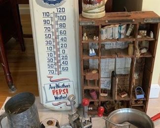 Vintage Pepsi sign , barware and kitchen items and folk art