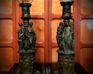 Pair Antique Romanesque Figural Lamps