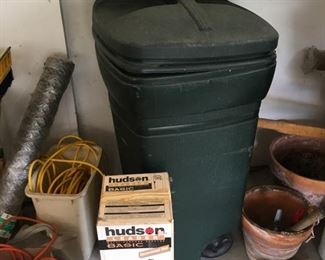 2 Rubbermade Trash Cans on Wheels, $20.00 ea, Hudson Sprayer, $33.00