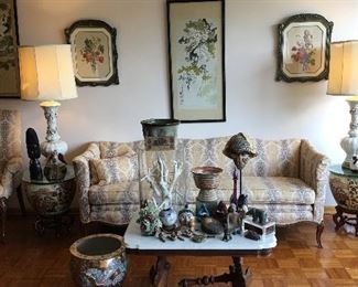 Antique Sofa, Asian Art, Asian Flower Pot, Blanc de Chine Lamps, Signed and Framed Chinese Scroll Painting