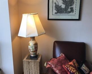 Asian lamp, marble columns, leather easy chair, crochet knit vintage pillows