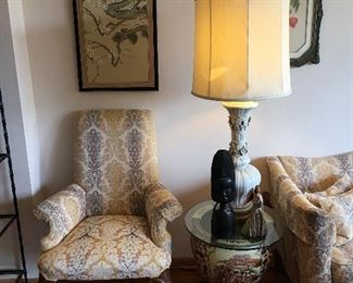 Vintage Queen Anne upholstered chair. Mint! Asian signed watercolor nicely framed.