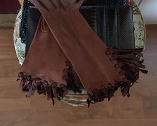 Leather fringe vintage designer gloves