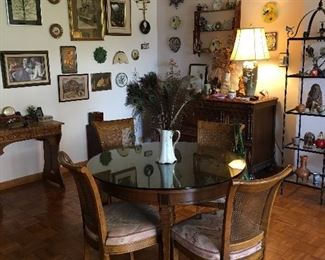 Table and 4 matching chairs with glass top, artwork, Dishware, decorative items, travel 