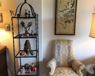 Shelving wrought iron, Queen Anne chair, sculptures, what nots, smalls
