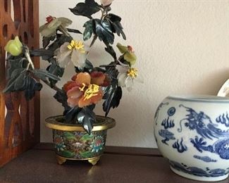 Jade flowers in chinoiserie  flowerpot 