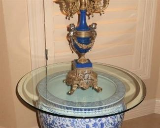 Italian candle holders and blue and white fish bowl tables