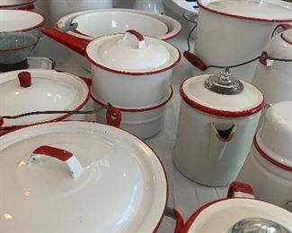 Vintage white with red enamelware