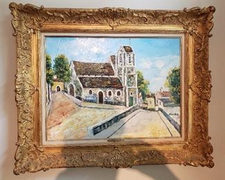 Vintage framed painting by Elisee Maclet (French, 1881-1962) Church At Crossroads, approx. 18 x 24