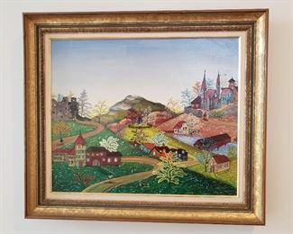 Vintage painting by Hungarian folk painter A. Kowalski, Village Scene w/ castle, river, and church
