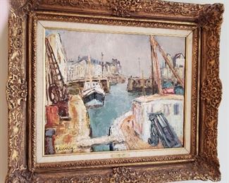 Vintage harbor painting by Jean Vinay (1907-1978) approx. 22 x 18 inches