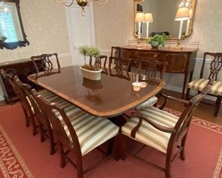 DOUBLE PEDESTAL BANDED TABLE, SET OF 10 CHAIRS &  SIDEBOARD