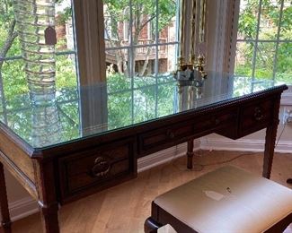 GLASS COVERED LEATHER TOP DESK