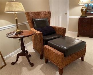 LEATHER CUSHIONED RATTAN CHAIR AND OTTOMAN