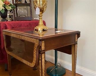 INLAID DROP LEAF TABLE AND BRASS URN LAMP