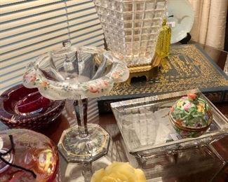 Herend pierced strawberry box, hand painted Czech crystal.  One of 2 crystal lamps.