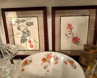Set of four linen matted flower, fruit prints.