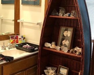 Wood Row Boat Shaped Shelving Unit. 4 Shelves.  Appears new, lots of room, very well made.