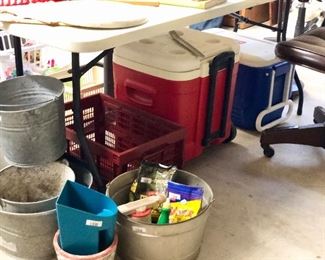 Clean coolers and useful galvanized buckets.