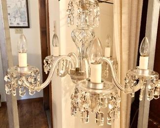 Antique 5-Arm Crystal Chandelier. Works but will need to be rewired. 3 arms light, 2 do not. Unique crystals. 