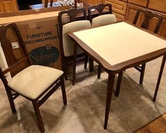 Stakmore Mid Century folding table and Queen Anne style chairs. 