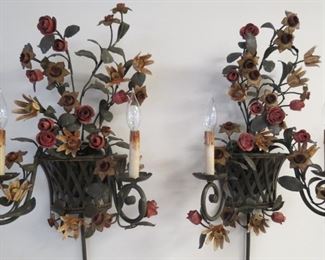 Curry & Company pair of large Italian gilt tole floral 2-light wall scones.