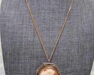 Antique 14 kt gold carved shell & diamond brooch or pendant with 14 kt gold chain.