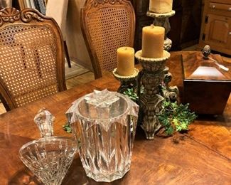 Slanted decanter; candle holders; lidded decorative box