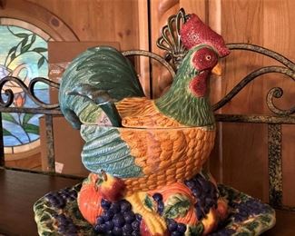 Colorful hen tureen and under plate 