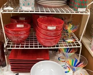 Red bowls and red square plates