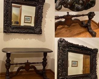 Antique Hall Console & Heavily Carved Mirror